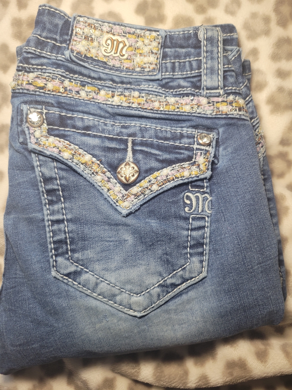 Miss Me Light Blue Skinny Boot Cut Jeans with Pearl Sequin Trim